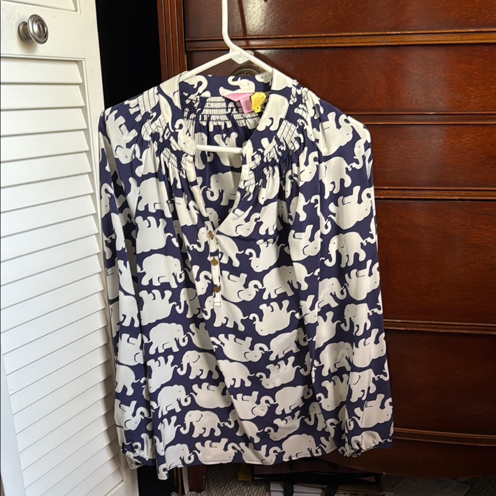 Elephant Print Blouse in Navy and White